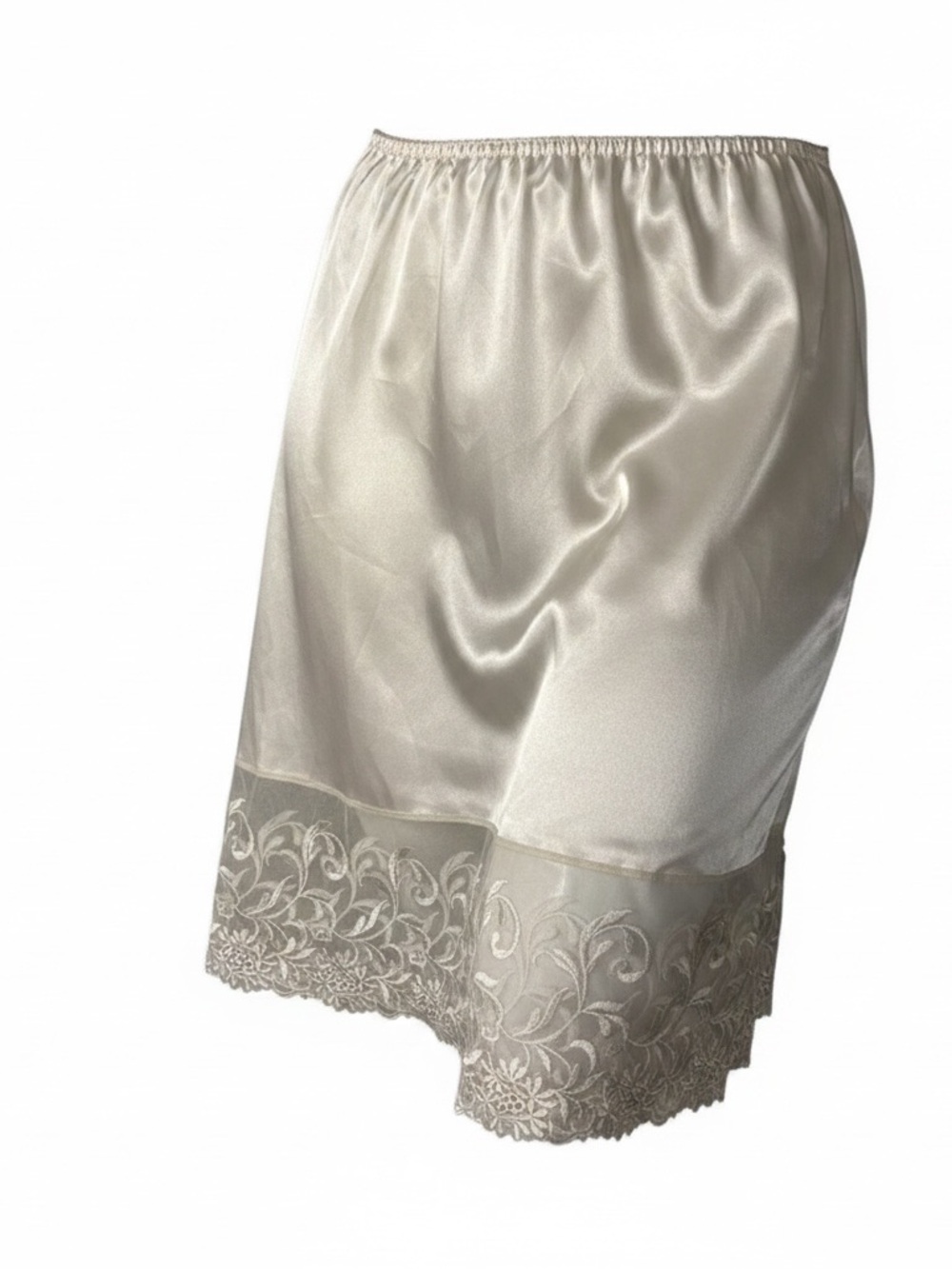 Vintage Neiman Marcus Elegant Cream Satin Half Slip with Embroidered Lace Hem